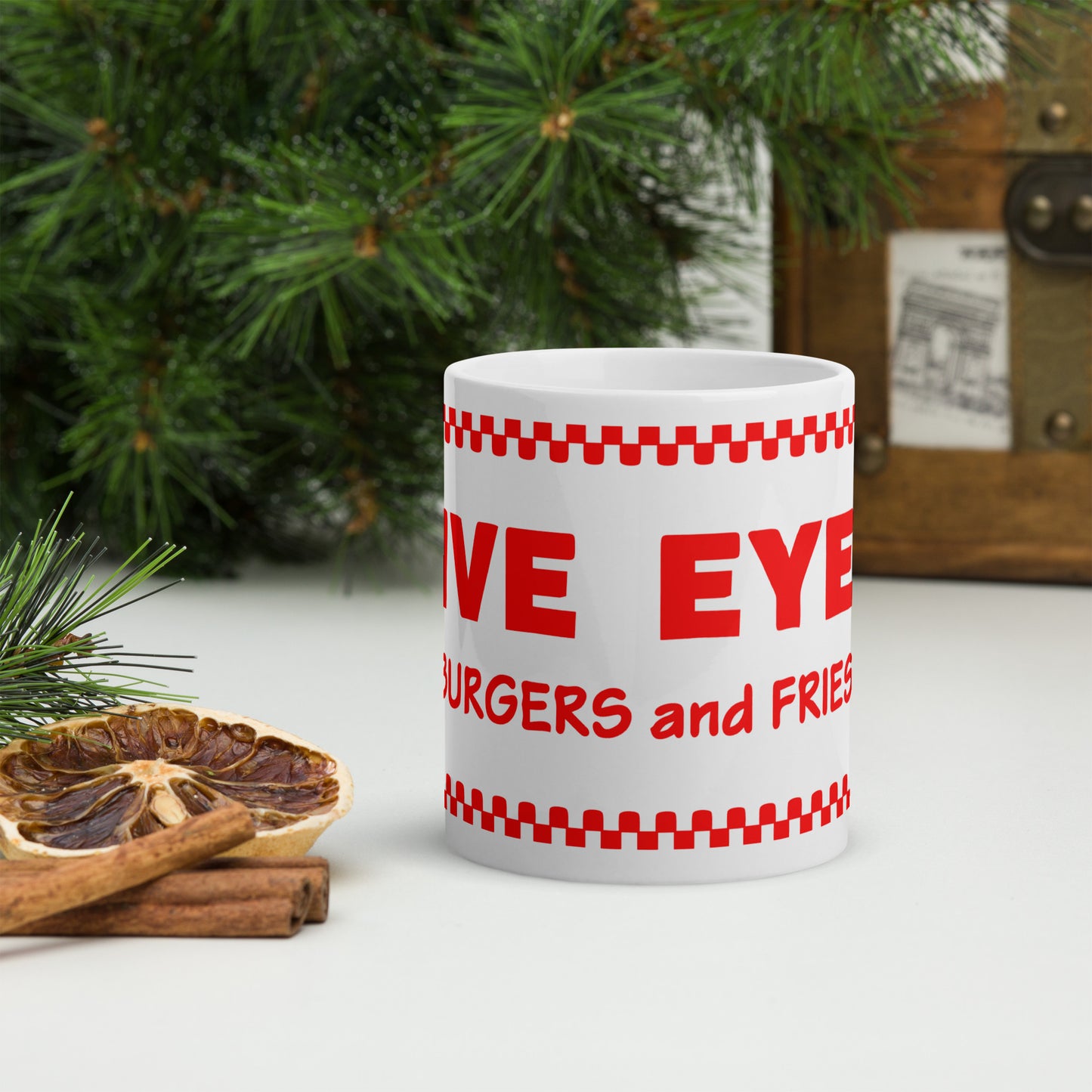 Five Eyes Burgers and Fries White glossy mug