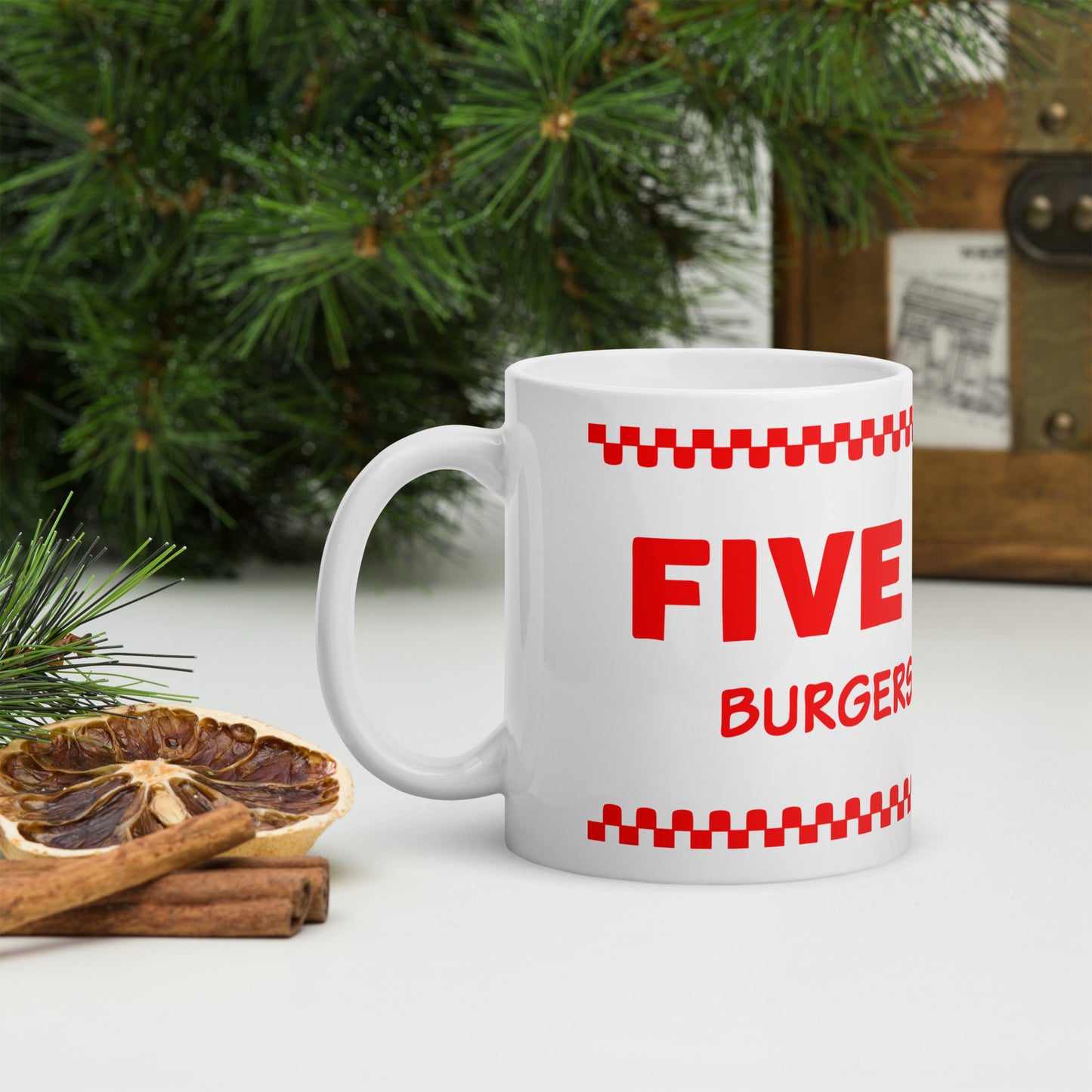 Five Eyes Burgers and Fries White glossy mug