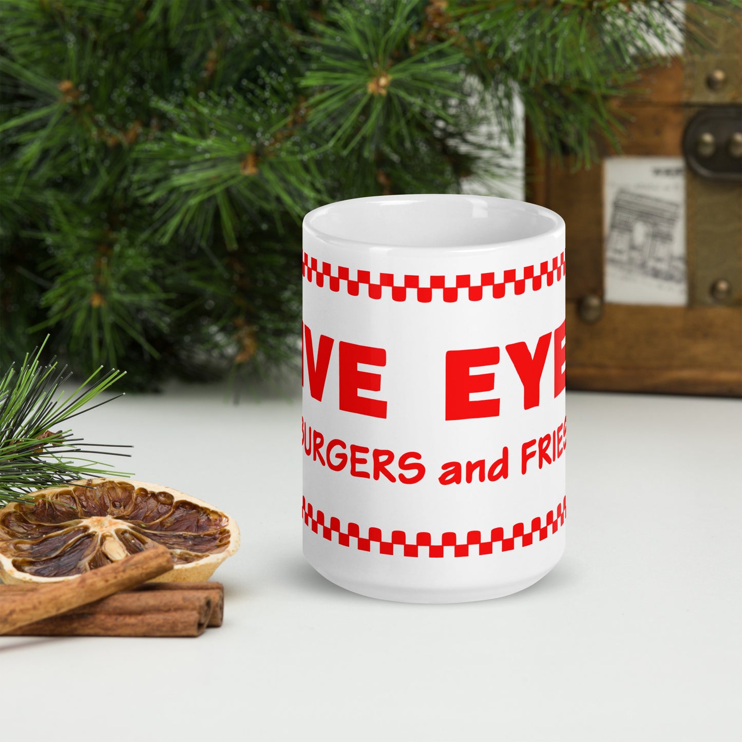 Five Eyes Burgers and Fries White glossy mug