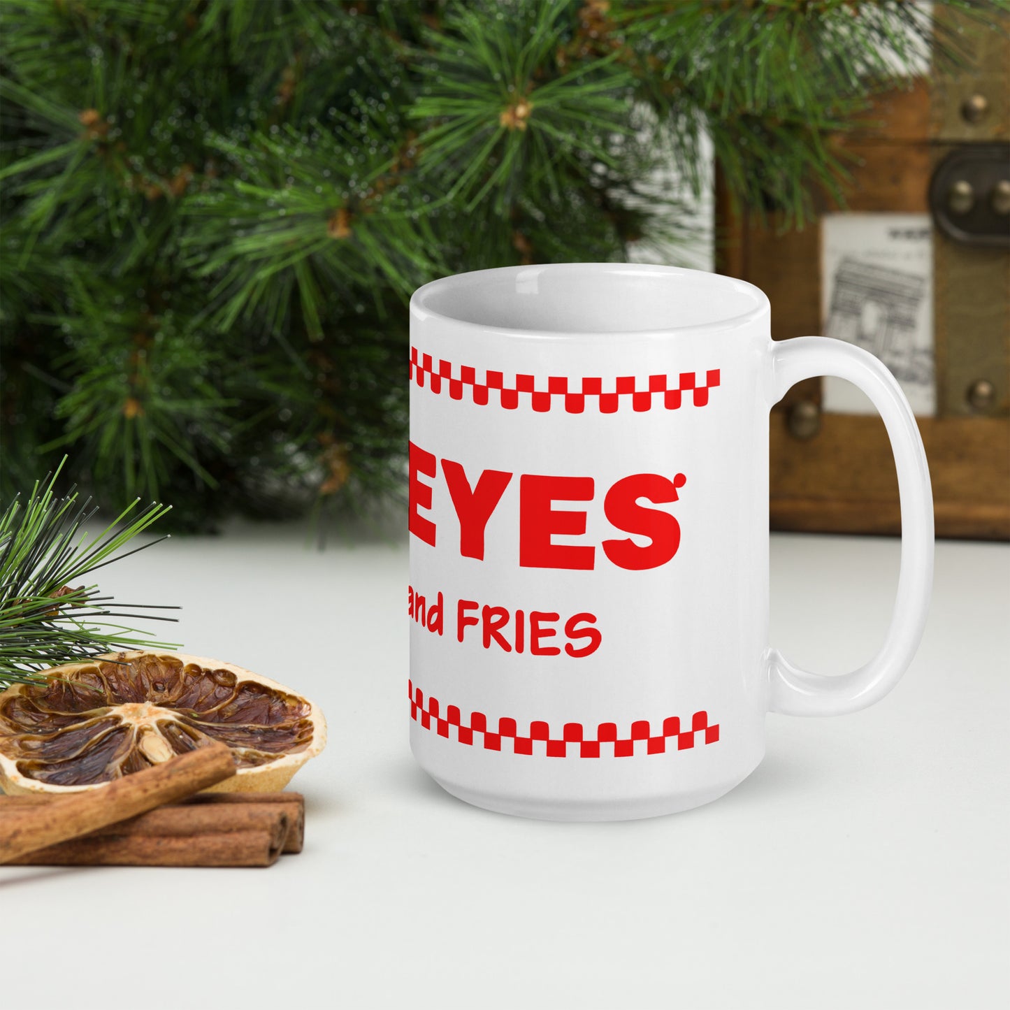 Five Eyes Burgers and Fries White glossy mug
